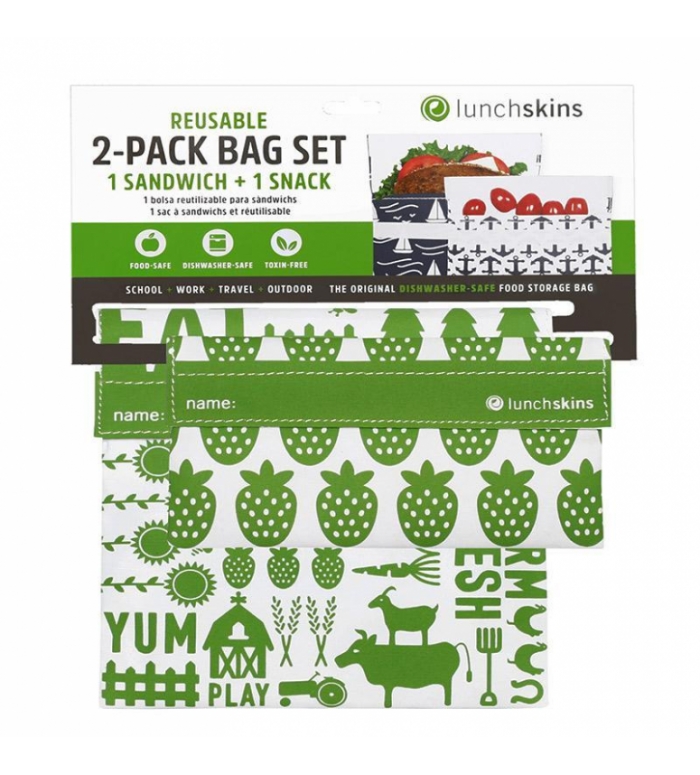 Lunchskins | Bag set 2st. Velcro Green Farm herbruikbaar